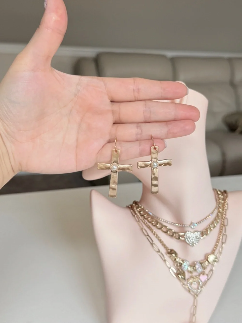 Gold Cross Dangle Earring with Center Accent
